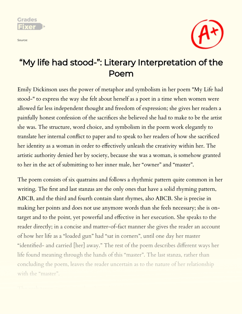 Literary Analysis of Emily Dickinson's Poem "My Life Had Stood" Essay