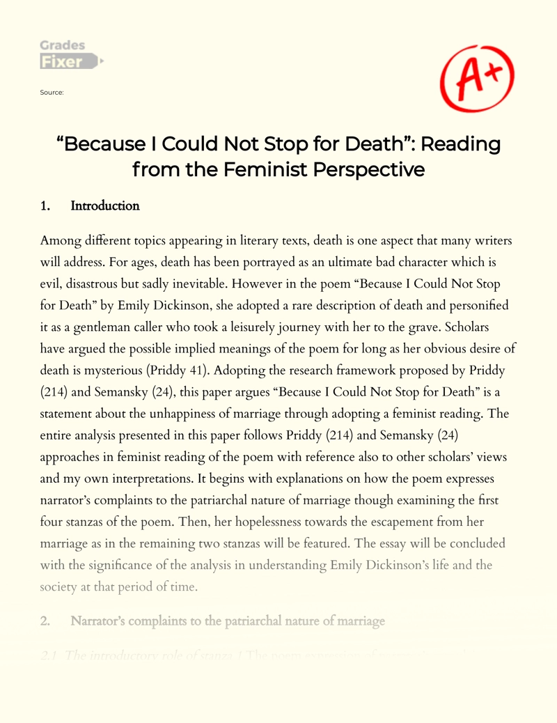 "Because I Could not Stop for Death": Reading from The Feminist Perspective Essay