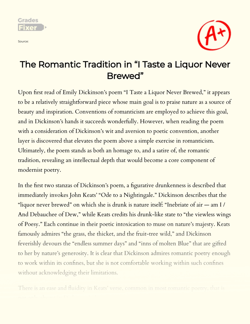 The Romantic Tradition in "I Taste a Liquor Never Brewed" Essay