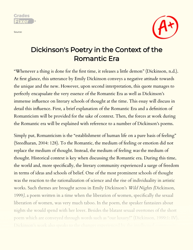 Dickinson's Poetry in The Context of The Romantic Era Essay