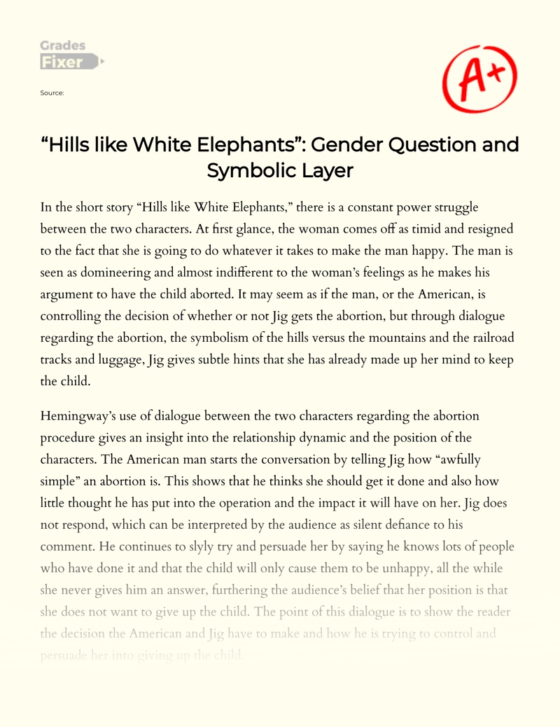 "Hills Like White Elephants": Gender Question and Symbolic Layer Essay