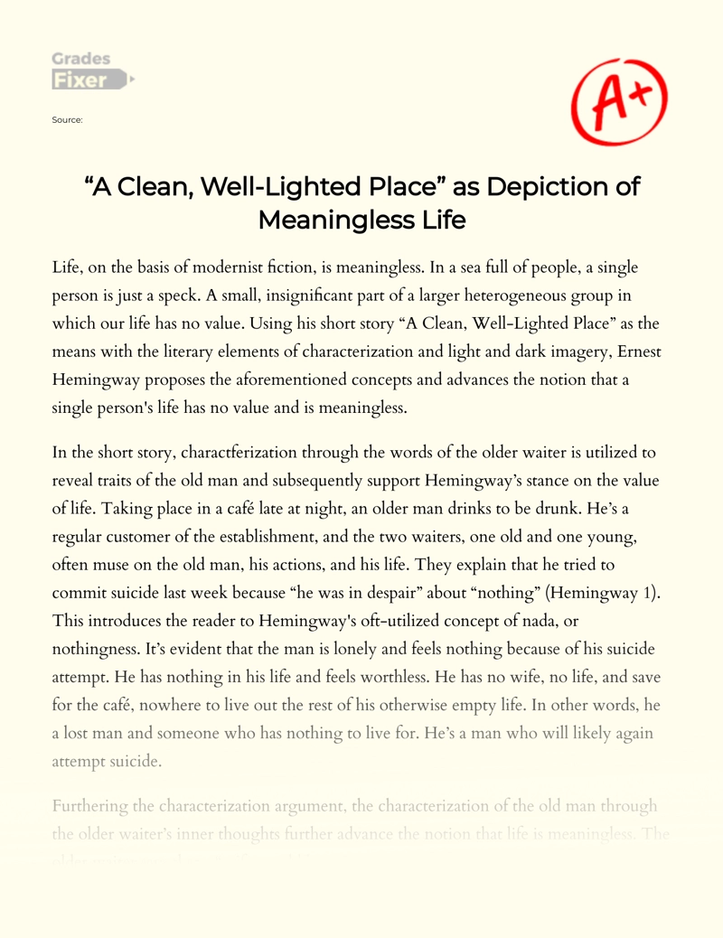 "A Clean, Well-lighted Place" as Depiction of Meaningless Life Essay