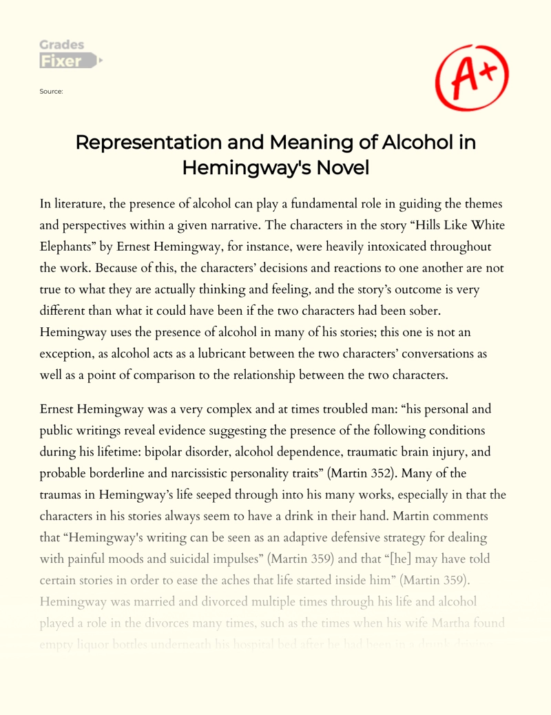 Representation and Meaning of Alcohol in Hemingway's Novel Essay