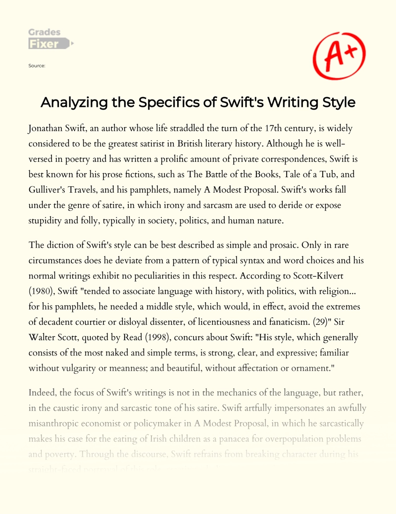 Analyzing The Specifics of Swift's Writing Style Essay