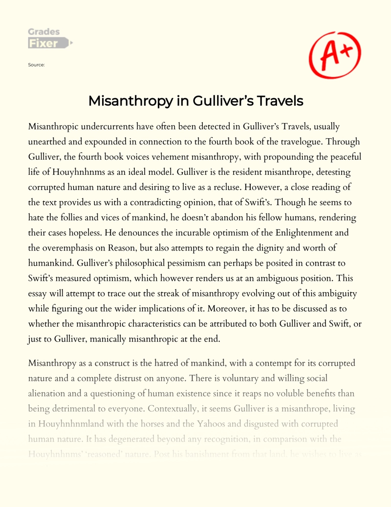 The Characteristics of Misanthropy in Gulliver’s Travels Essay