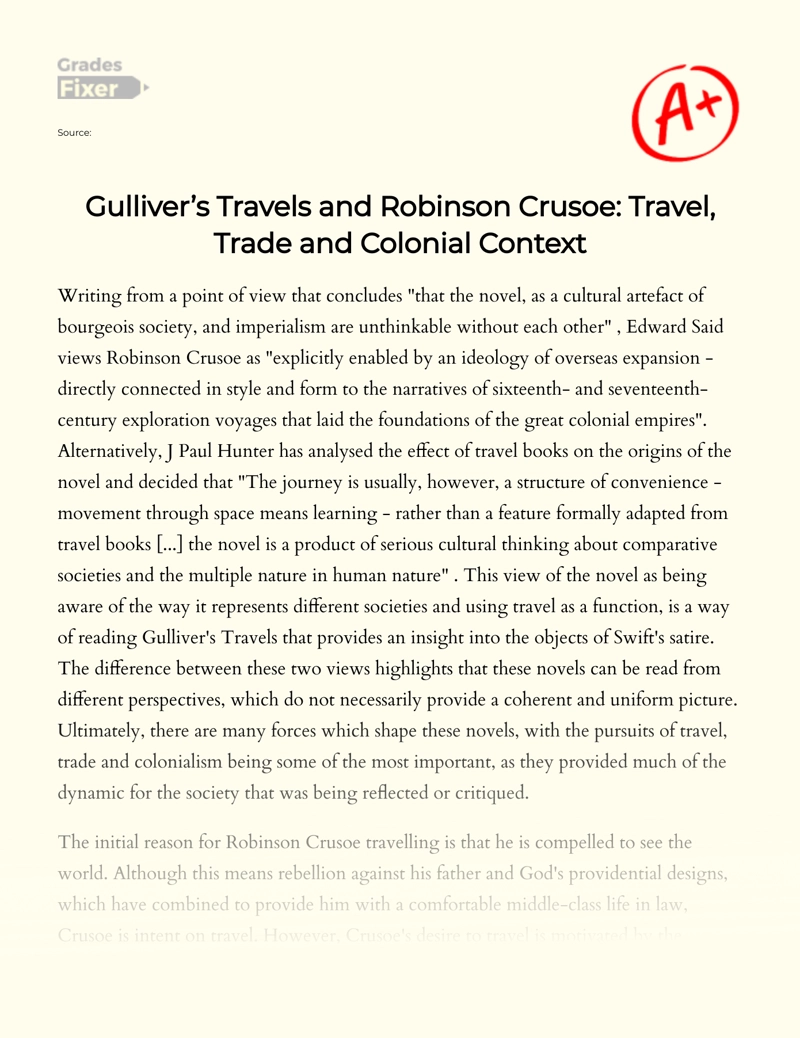 Gulliver’s Travels and Robinson Crusoe: Travel, Trade and Colonial Context Essay