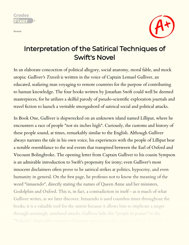Interpretation of The Satirical Techniques of Swift's Novel essay