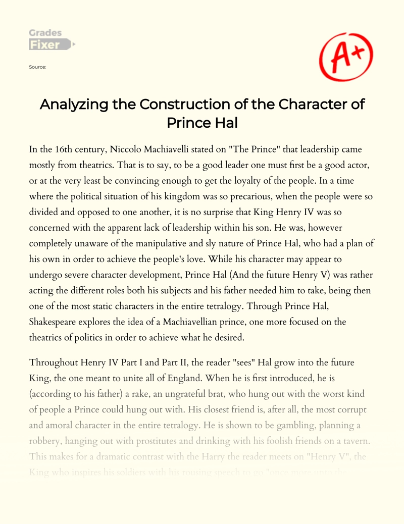 Analyzing The Construction of The Character of Prince Hal Essay