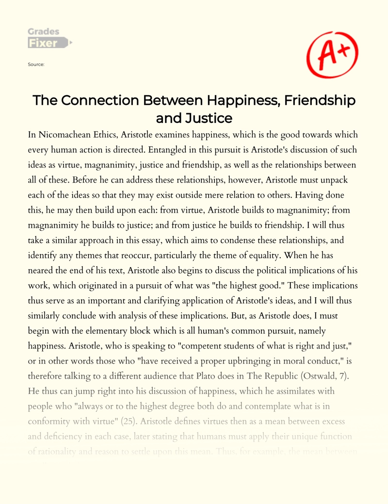 The Connection Between Happiness, Friendship and Justice Essay