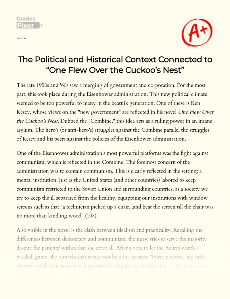 One Flew Over The Cuckoo’s Nest: Analysis of The Political Context Essay