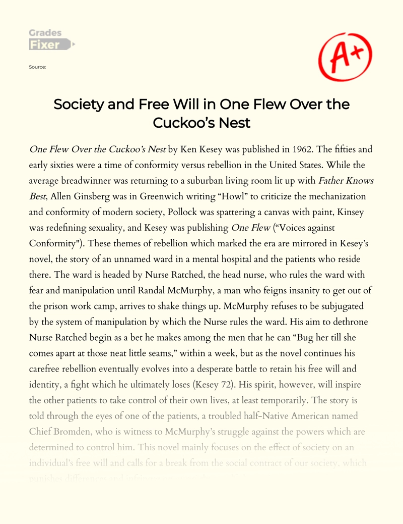 Society and Free Will in One Flew Over The Cuckoo’s Nest essay