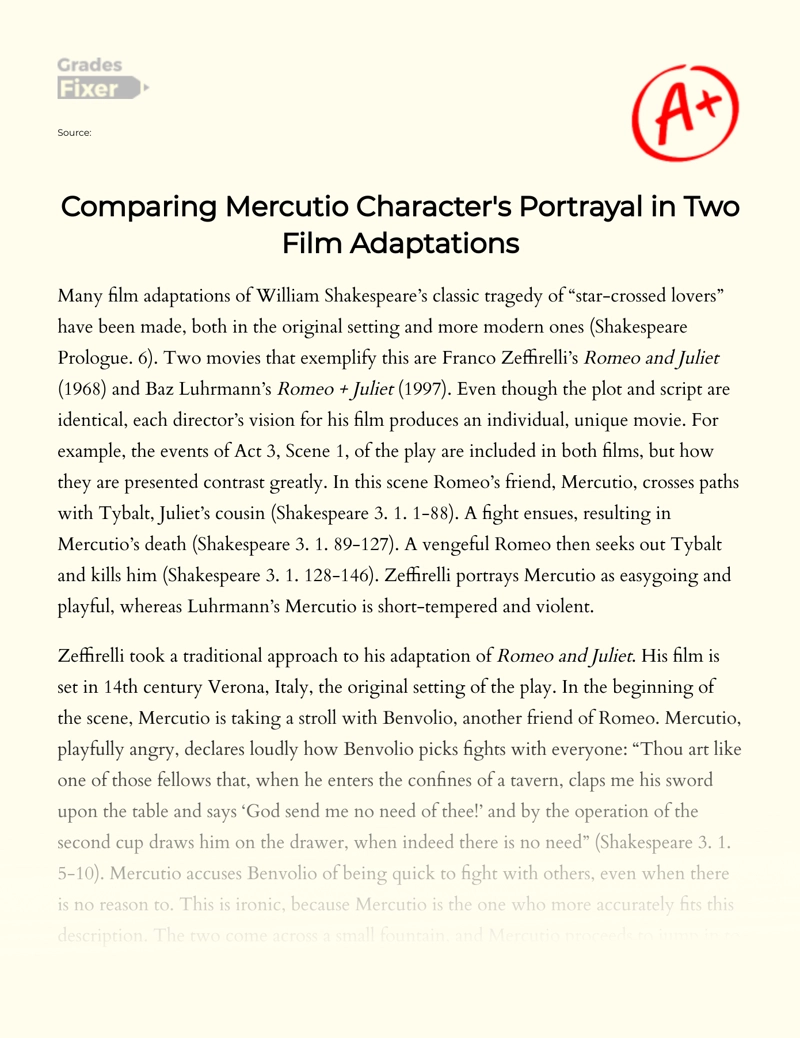 Comparing Mercutio Character's Portrayal in Two Film Adaptations essay