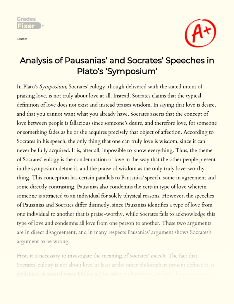 Analysis of Pausanias’ and Socrates’ Speeches in Plato’s "Symposium" Essay