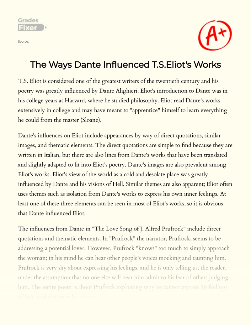 The Ways Dante Influenced T.s.eliot's Works Essay