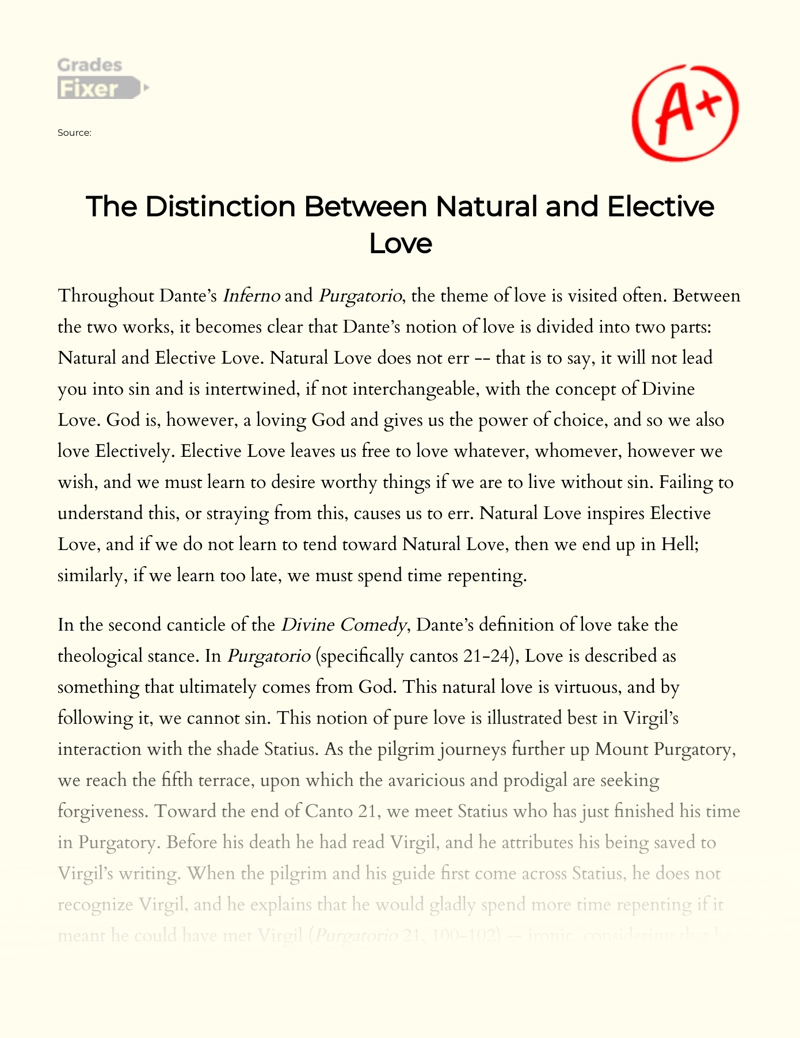 Natural and Elective Love in Dante's Inferno and Purgatorio Essay