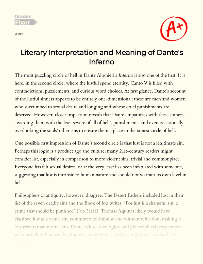 Literary Interpretation and Meaning of Dante's Inferno Essay