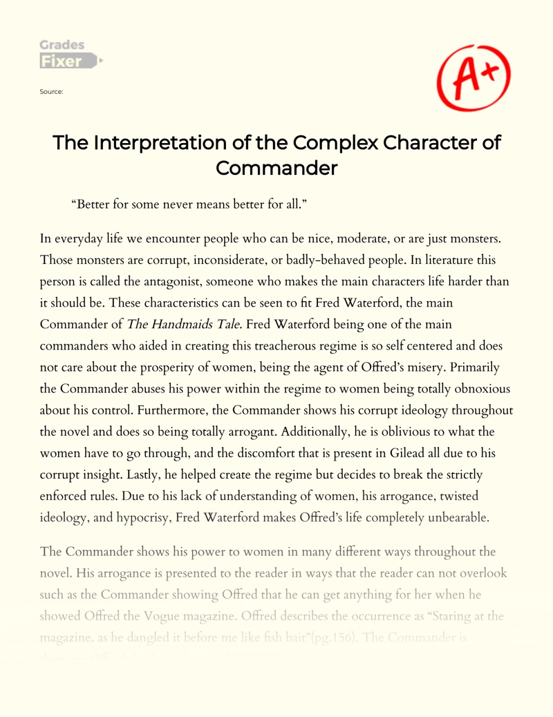 The Complex Character of Commander in The Handmaid's Tale Essay