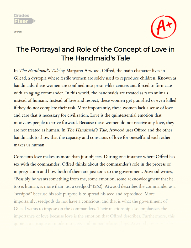 The Portrayal and Role of The Concept of Love in The Handmaid's Tale Essay