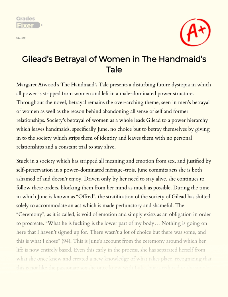 Gilead’s Betrayal of Women in The Handmaid’s Tale Essay