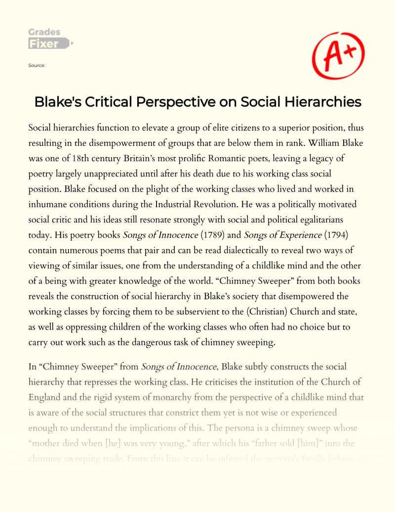 Blake's Critical Perspective on Social Hierarchies Essay
