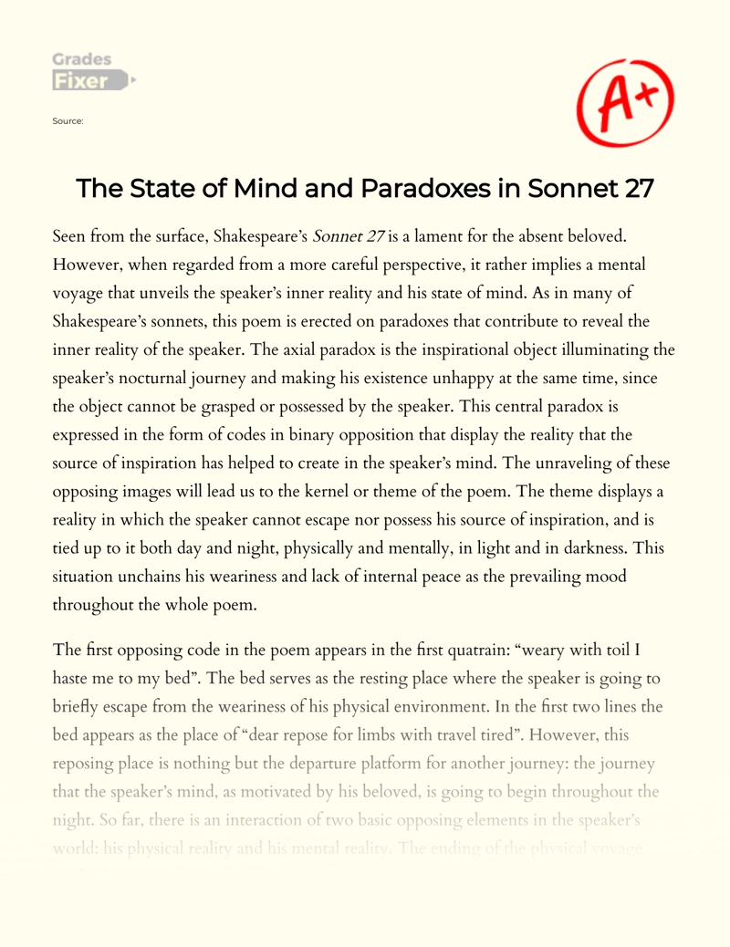 The State of Mind and Paradoxes in Shakespeare's Sonnet 27 Essay