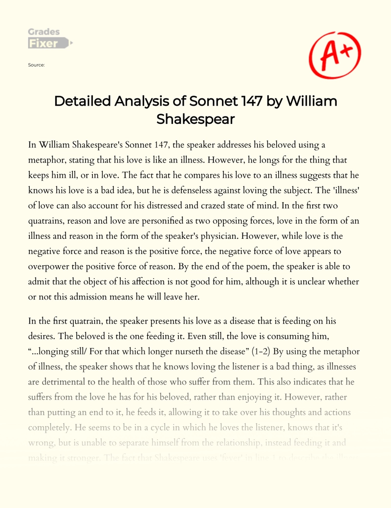 William Shakespeare's Sonnet 147: Analysis Essay