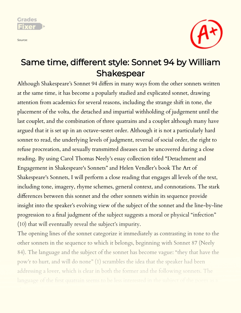 Same Time, Different Style: Sonnet 94 by William Shakespeare Essay