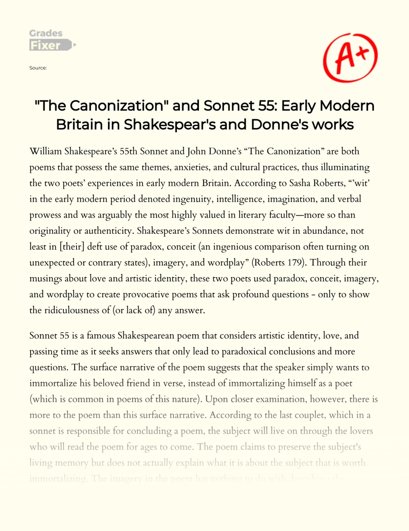 "The Canonization" and Sonnet 55: Early Modern Britain in Shakespear's and Donne's Works Essay
