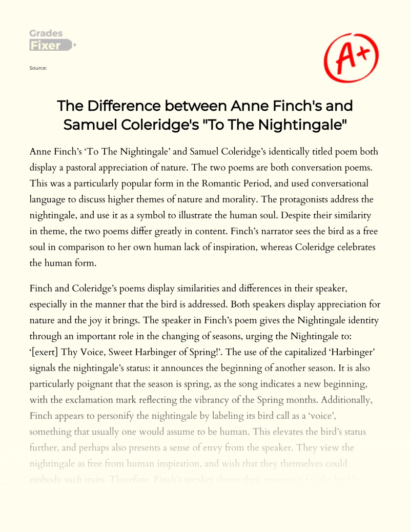 The Difference Between Anne Finch's and Samuel Coleridge's "To The Nightingale" Essay