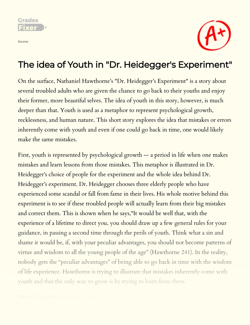 The Idea of Youth in "Dr. Heidegger's Experiment" Essay