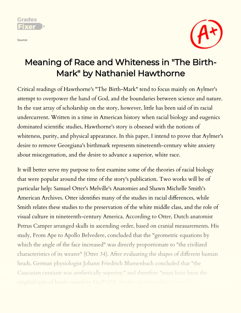 Meaning of Race and Whiteness in "The Birthmark" by Nathaniel Hawthorne Essay