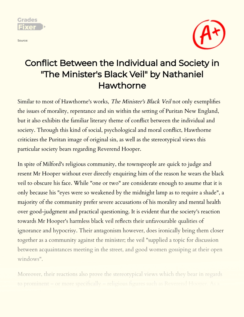 Conflict Between The Individual and Society in "The Minister's Black Veil" by Nathaniel Hawthorne Essay