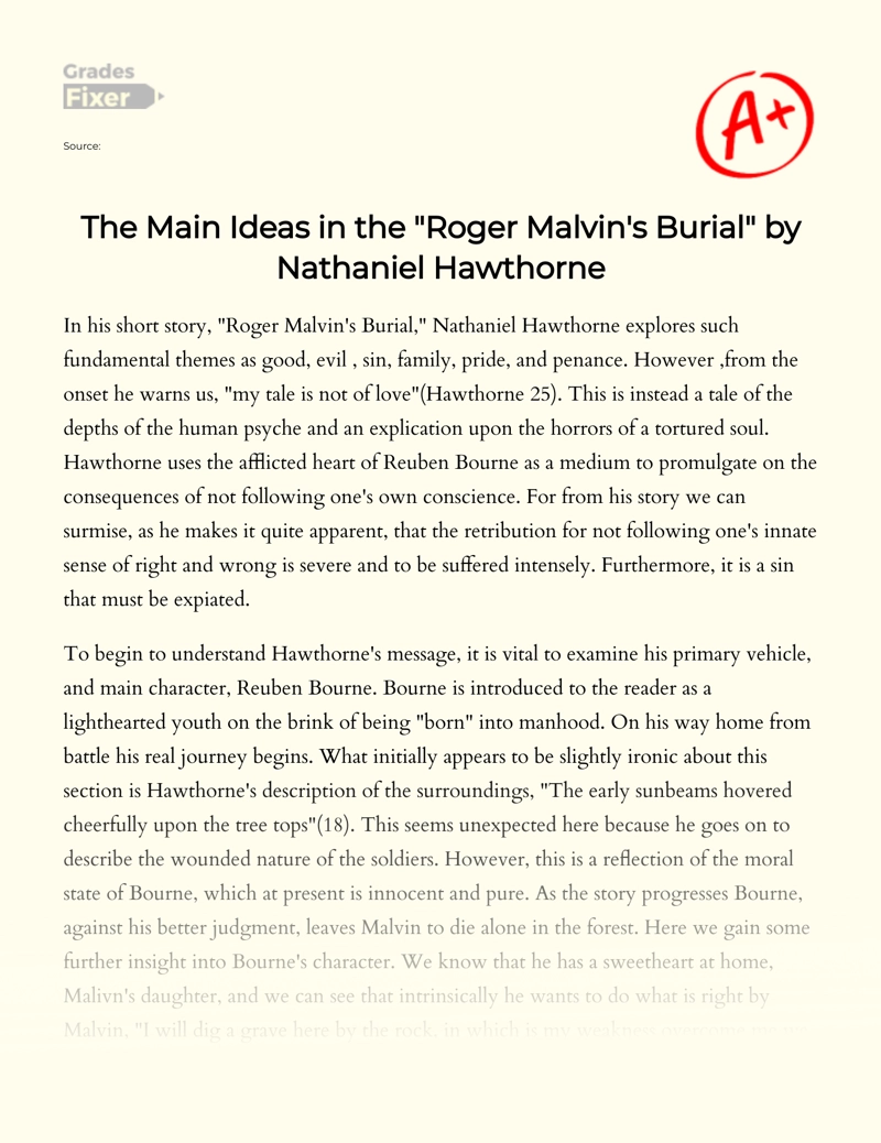 The Main Ideas in The "Roger Malvin's Burial" by Nathaniel Hawthorne Essay